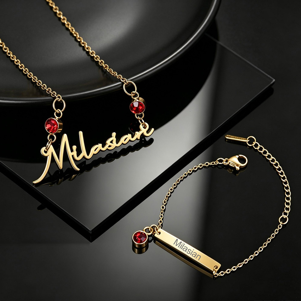 Birthstone Ring Set - Collier personnalisé avec nom de bébé